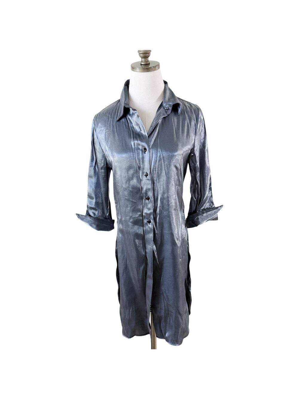 Vintage Y2K Younique Clothing Metallic Silver Button Down Tunic Sz S Made in USA
